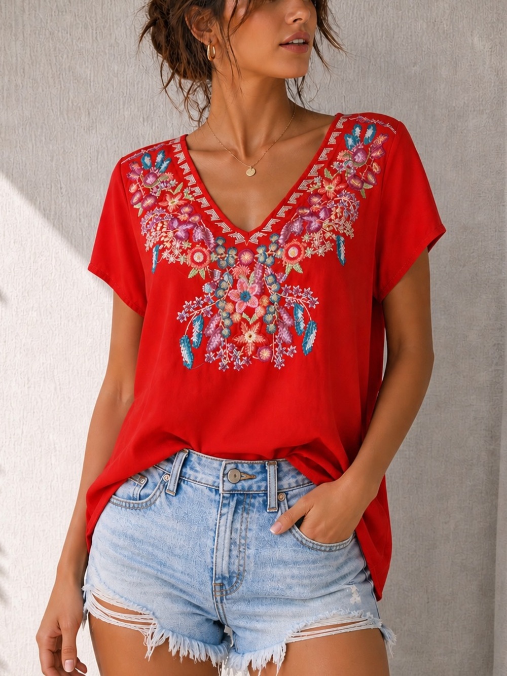 Luna Moon Medium Red Embroidered Boho Top Floral V-Neck Hippie Blouse Shirt